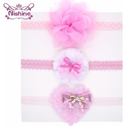 Nishine 3pcs/lot Cute Handmade Chiffon Flowers Baby Elastic Headband Fashion Sequins Bows Floral Infant Hairband Holiday Gifts