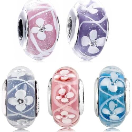 Original Pink & Purple Field Of Flowers Lampwork Murano Glass Charms Fit Pandora Bracelet 925 Sterling Silver Glass Bead Jewelry