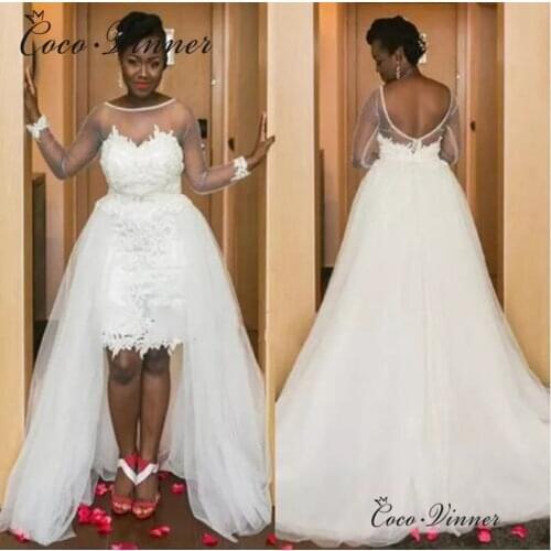 Long Sleeve Sheer Neck See through A line Wedding Dress African New 2 in 1 detachagle Train Lace Wedding Dress W0426