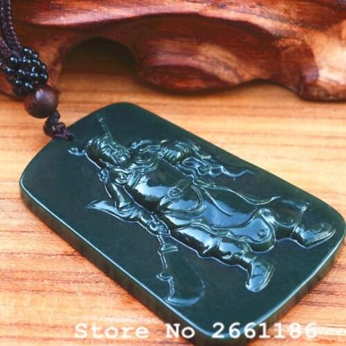 Natural Dark Green HETIAN Stone Pendant Broadsword Guan YU Duke Guan Wealth God Pendant Necklace Men Stone Jewelry Free Rope