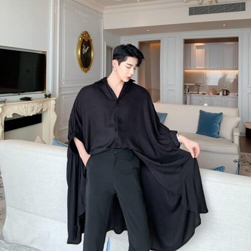 Men Irregular Big Hem Bat Short Sleeve Oversize Loose Black White Shirt Male Women Street Gothic Punk Stage Show Long Shirts