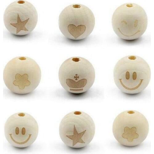 DIY 20X Wood Bead Heart/Smiley/star/Crown/flower round Bead DIY Jewelry Making 20mm