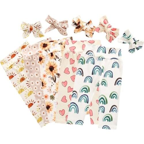 Cotton Casual Newborn Baby Girls Pants Floral Cartoon Print Long Pants Bottoms+Headband 2Pcs Toddler Infant Kids Trousers