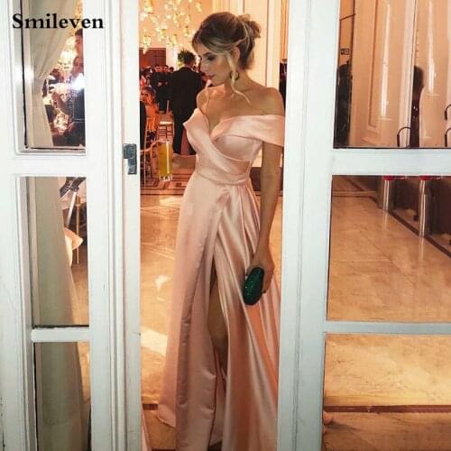 Smileven Nude Pink Off The Shoulder Prom Dress A Line Elastic Party Dress Sexy High Side Split Backless Long Evening Gown