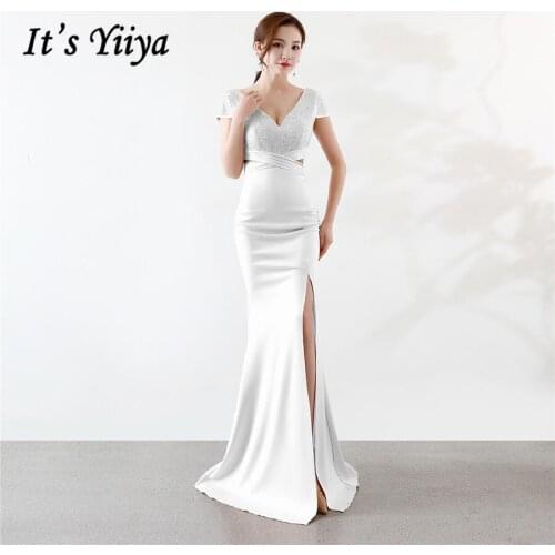 Crystal Evening Dress Its Yiiya DX335 V-Neck Short Sleeve Mermaid Special Occasion Dresses Floor-Length Plus Size Evening Gown