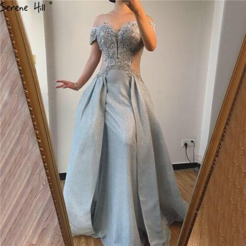 Serene Hill Dubai Silver Off Shoulder CUT-OUT Evening Dress 2020 Sleeveless Beading Sequins Sexy Evening Gown CLA70250