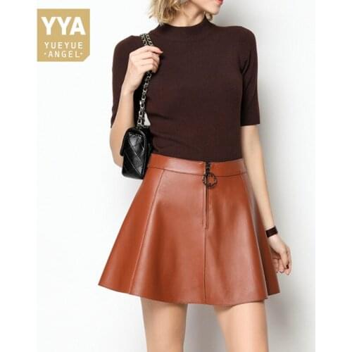 New Casual Zipper High Waist A Line Skirt Women Sweet Genuine Leather Mini Skirts Patchwork Solid Color Streetwear Female Skirts