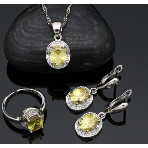 Yellow Oval Cubic Zirconia Classic 925 Sterling Silver Jewelry Set for Woman Prom Accessories Ring Chain Pendant Earring Set