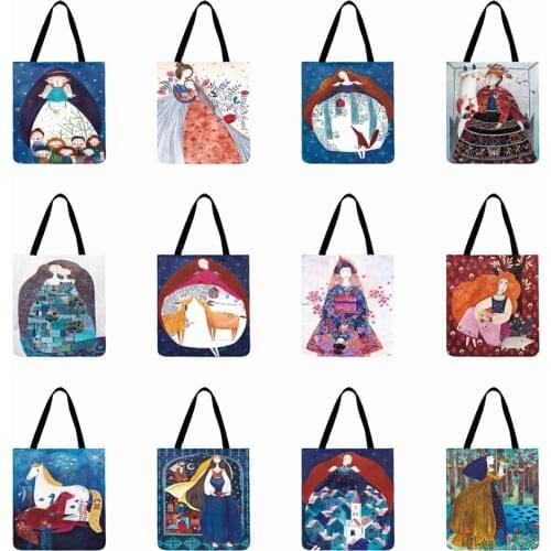 Ladies Shoulder Bag Foldable Casual Shopping Bag Nordic Girls Painting Printed Tote Bag For Women Out Door Beach Bag