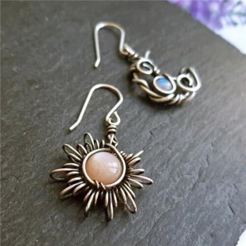 Women Vintage Asymmetry Sun And Moon Earrings Crystal Drop Earrings Women Female Bohemia Fashion Party Jewelry Gift
