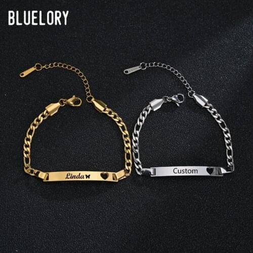 Bluelory Customized Engrave Name Women Heart Bracelets Gold Silver Color Stainless Steel Thick Chain Custom Jewelry