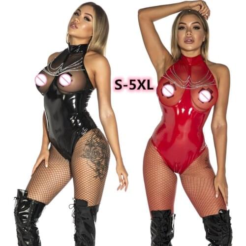 Women Sexy Mesh Erotic Lingerie Wetlook Leather Breast Exposed Bodysuit Sexy Open Crotch Stretch PU Catsuit Fetish Wear Jumpsuit