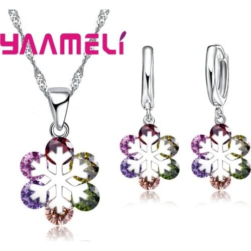 Elegant 925 Sterling Silver Colorful Flower Shape Pendant Necklace Earrings Suit For Women Girls Wedding Engagement Anniversary