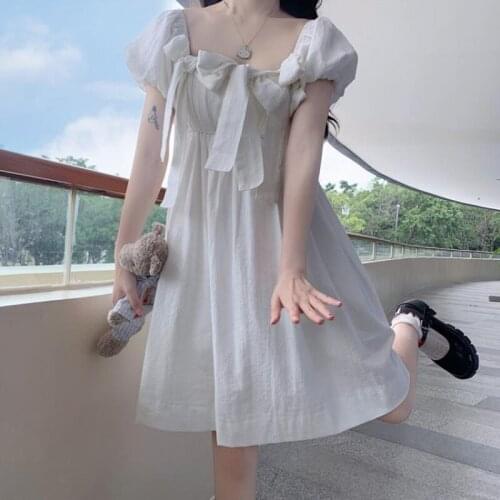 Summer New Cute Big Bow Princess Dress Women Square Collar Puff Sleeve Solid A-Line Thin Dresses Sweet Girly Style Kawaii Dress