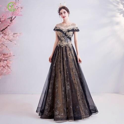 SSYFashion New Luxury Evening Dress Noble Black Gold Lace Appliques Sequins Floor-length Long Prom Formal Gown Robe De Soiree