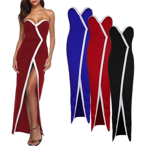 Women Off Shoulder Front Split Stripe Bodycon Clubwear Party Dress