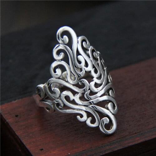 ANENJERY 925 Sterling Silver Vintage Fashion Domineering Palace Opening Rings For Men Women Hollow Carved Pattern Ring S-R265