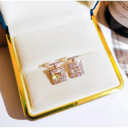 14k Real Gold Square Pave Inlaid Top Zircon Earring for Women Charm Elegant Temperament Drop Earrings Jewelry Broncos Pendant