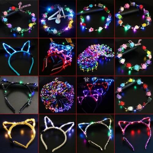 20pcs Flower Garland Headband LED Light Luminous LED Flower Crown Girls Hair Wreath Party Supplies Headpiece Wedding Birthday