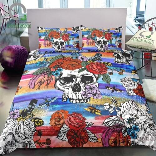 BOMCOM 3D Digital Printing Skull and Flowers Day of the Dead Pattern Vintage Skull Sketch Skull Duvet Cover Set 100% Microfiber