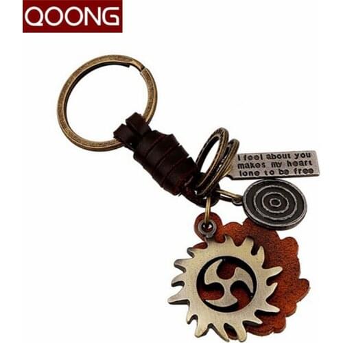 QOONG Manual Weaving Retro Punk Wind Fire Wheels Key Chain Ring Holder Genuine Leather Metal Keychain Fashion Men Women Keyring