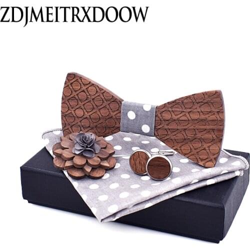 Wooden Bow Tie Handerchief Set Dot Wood bowtie cufflinks wedding Lapel flower brooch accessories corbata Gravata set
