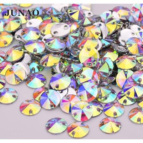 JUNAO High Quality 10 12 16 18mm Sewing Crystal AB Rivoli Rhinestones Flat Back Resin Gems Stones Sew On Round Strass Applique