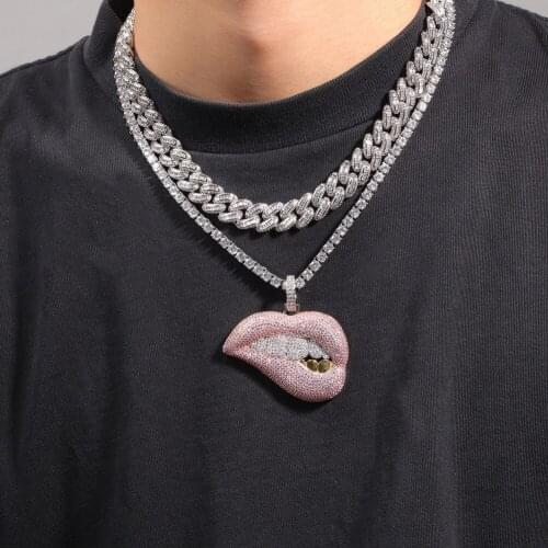 Drip Lip Pendant Necklace Micro Pave Pink Cubic Zirconia White Yellow Tooth Tennis Chain Bling Iced Out Hip Hop Men Jewelry Gift