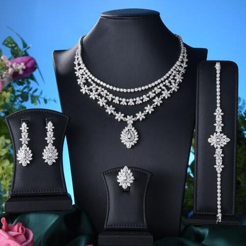 3 layers Bright Shiny 4PCS Waterdrop Necklace Earring Bangle Ring jewelry Sets for women Wedding Indian Bridal Jewelry Sets Gift