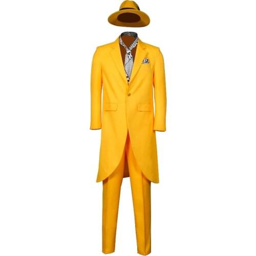 The Mask Cosplay Suits for Adult Men Jim Carrey Stanley Yellow Halloween Full Suit Hat Jacket Pants Chest Towel Scarf Costumes