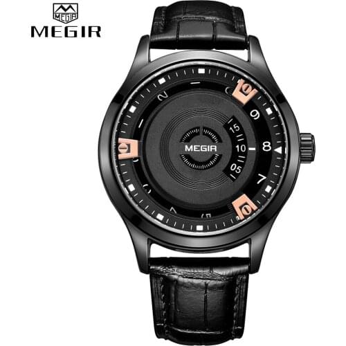 MEGIR Black Genuine Leather Straps Wristwatches Mens 2021 New Creative Fashion Luxury Unique Style Men Quartz Watches Clock