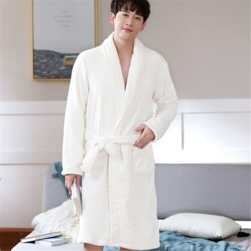 Men Winter Thicken Long Cozy Flannel Bathrobe Kimono Soft Warm White Bath Robe Night Robes Dressing Gown Women Sleepwear Pajamas