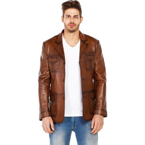 Genuine Soft Leather Handmade Brown Man Jacket Blazer Style High Quality Lambskin Button For Autumn Gift For Valentines Day