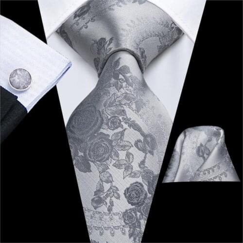 Hi-Tie Grey Floral Mens Tie 8.5cm Black Plaid Silk Wedding Tie For Men Design Hanky Cufflink Quality Men Tie Set Dropshipping