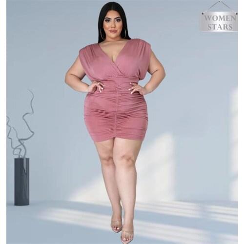 4xl Plus Size Clothing Women Dress Wholesale Solid V Neck Short Sleeve Sexy Draped Mini Dresses Fashion Streetwear Dropshipping