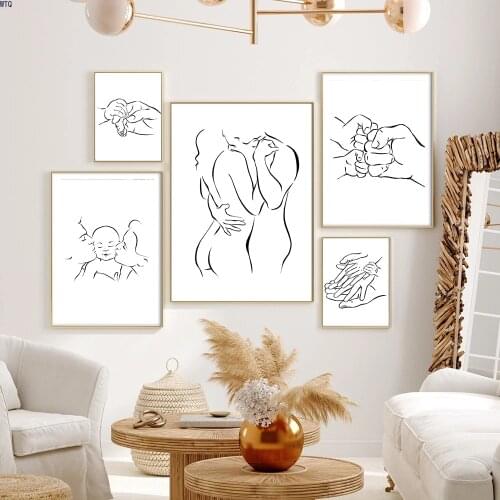 Family Portrait Wall Canvas Print Mom Dad Baby Painting Abstract Line Drawing Posters Couple In Love Minimalist Decor Pictures