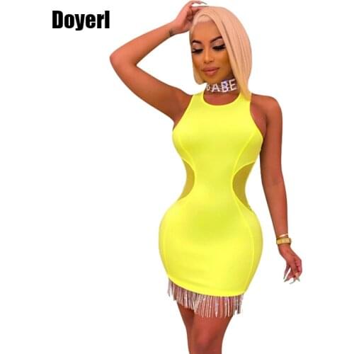 Sexy Mini Bodycon Club Dress Women Elegant Tassel Bandage Party Dresses Summer Yellow Mesh Patchwork Mini Short Dress Vestidos