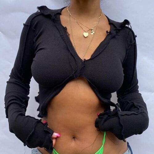 Echoine Fall Autumn Ribbed Side Striped V-neck Split Tee Top Skinny Fitness Women Shirt Tops Ruffle Sleeve Party Clubwear Top