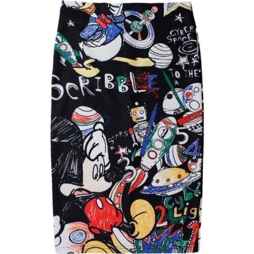 Womens Pencil Skirt Summer Graffiti 2020 New Cartoon Mouse Print High Waist Slim Skirts Girl Ladies Plus Size Female Falda
