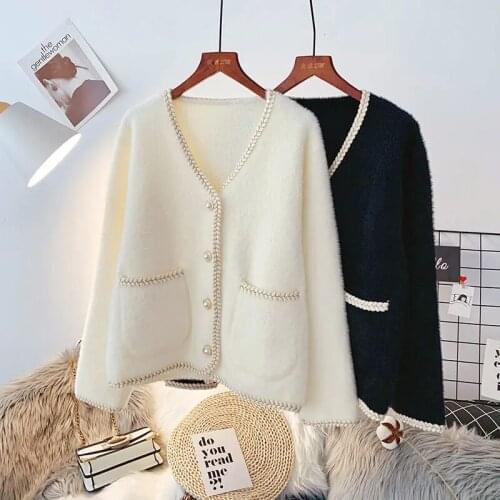 Chic Sweet Faux Mink Fur Fleece jacket Women Korean V-Neck Long Sleeve Cardigan Coat Elegant Vintage Pearl Button Outerwear 2021