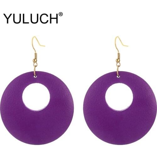 YULUCH 2019 Trendy Purple Red Blue Round Natural Wooden Big Pendant Earrings Fashion Jewelry 2019 Pop Long Dangle Earrings Femme