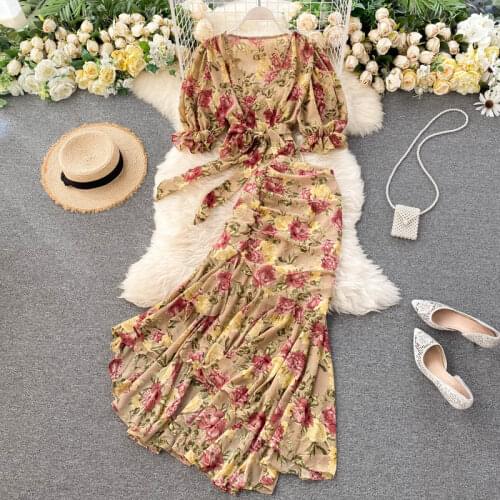 2021 Summer New Holiday Sexy Short Two-Piece Set Strap Chiffon Shirt + Printed Fishtail Long Skirt Fashion Suit Womens Clothing