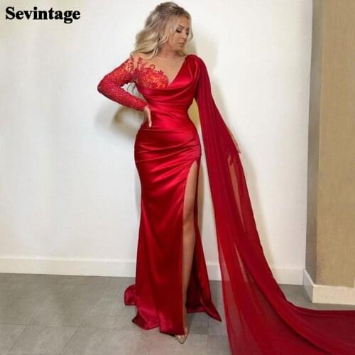 Sevintage Red Mermaid Soft Satin Evening Dress Chiffon Long Sleeves Lace Beaded Prom Gowns High Slit Formal Women Party Dress