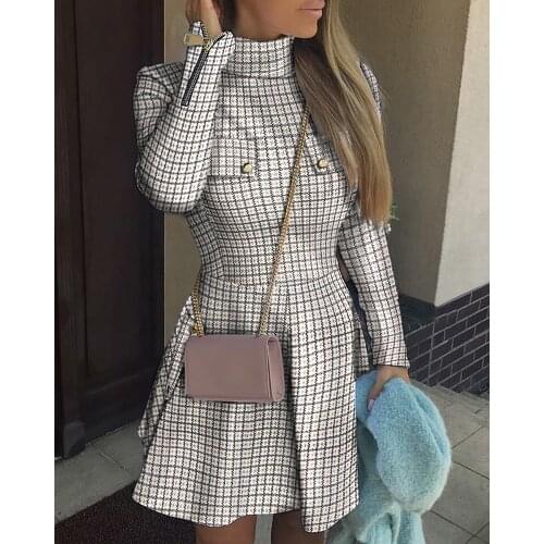 2020 Women Fashion Elegant OL Office Lady Autumn Spring High Neck Plaid Zipper Pocket Design Long Sleeve Mini Dress