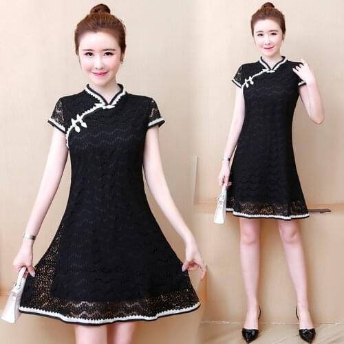 Womens Vintage cheongsam lace summer dress Black party Cocktail cute Chinese Elegant Retro Short Sleeve A-Line mini 2021 dresses