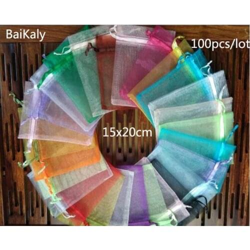 Pouches 100pcs 15x20cm Drawable Drawstring Organza bag Wedding Christmas Gift Bags Jewelry Packaging & Display Organza bags