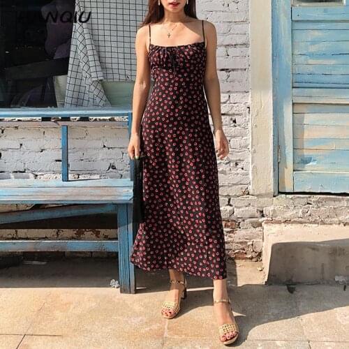 2020 Vintage chiffon midi dress women elegant cute floral dress sexy backless summer dresses woman party night korean streetwear