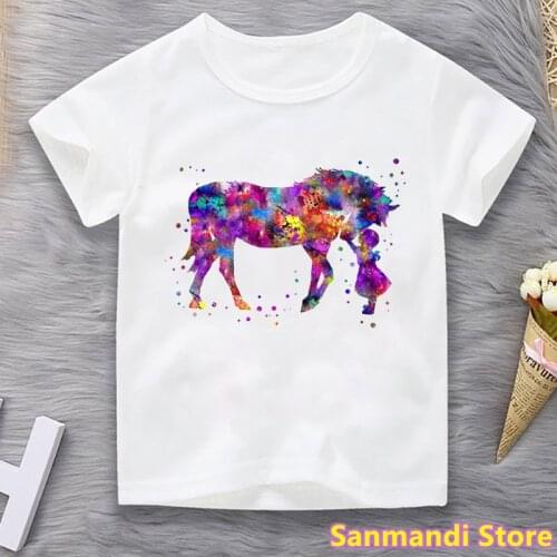 Watercolor Girl Love Horse Animal Print Tshirts Girls Kids Clothes Cute Unicorn T Shirt Summer Children Clothing Harajuku Shirt