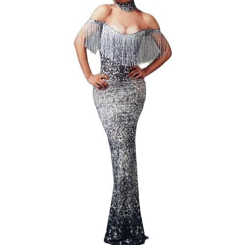 Sparkling Sequins Rhinestones Fringe Dresses Bag Hip Fishtail Dress Party Dress For Women Nightclub Dance Show Wear Stage Outfit