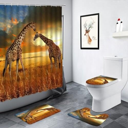 Wild Animal Giraffe Shower Curtain Zebra Tiger Leopard Wildlife Bathroom Decor Carpet Non-slip Rug Toilet Door Mat Bath Mats Set